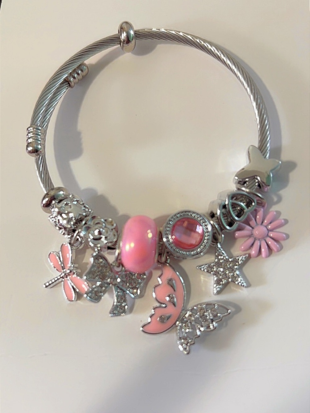 Pink Charm Cable Bracelet with Silver Accents